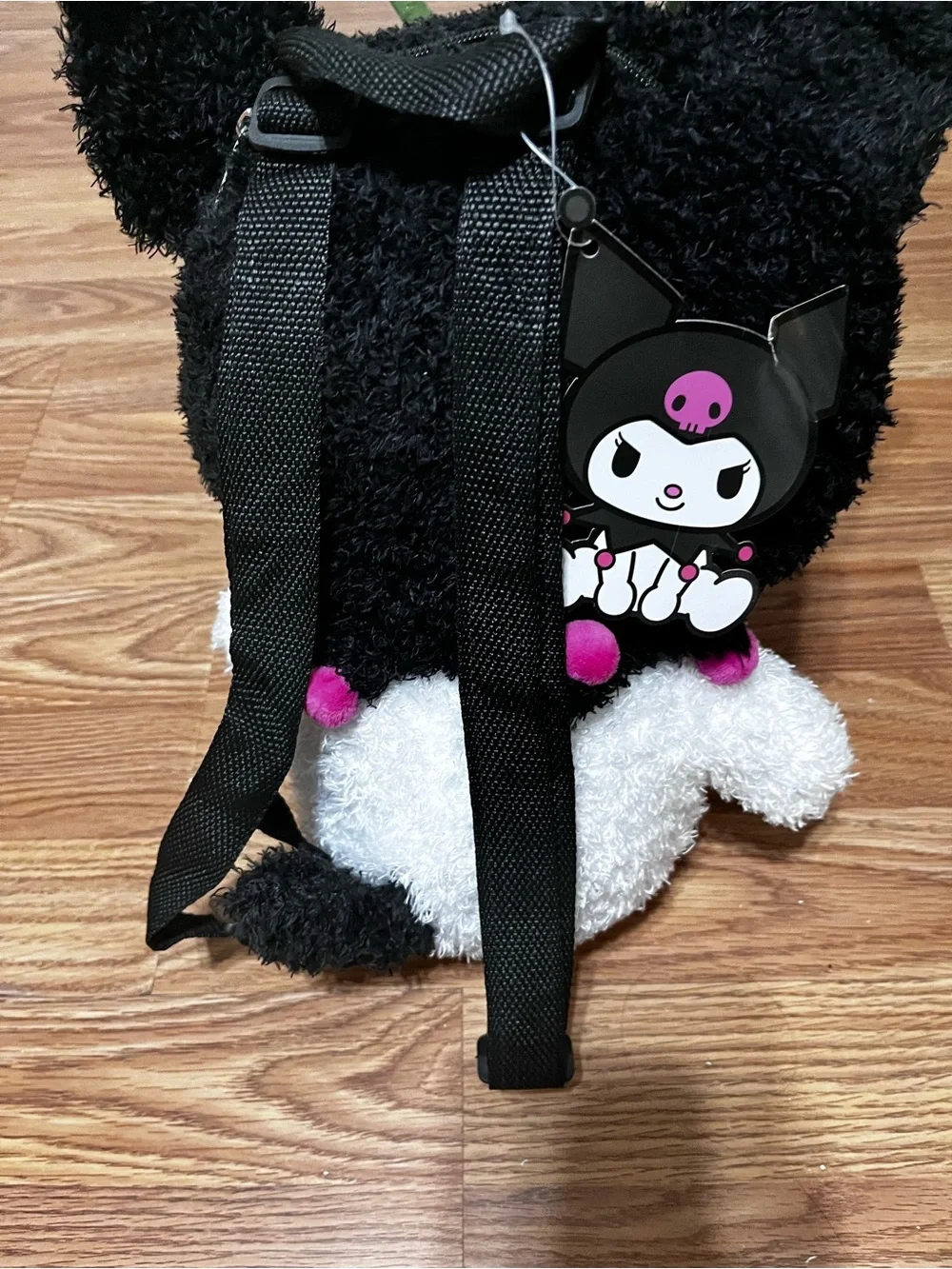 Black and White Plush Cat Toy with Pink Accents - Cute Skull Design